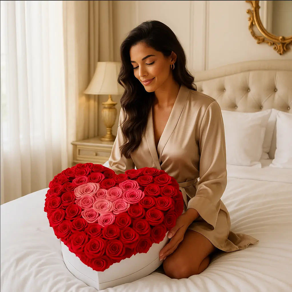 Heart-shaped box of 200 roses on a luxury bed â romantic bouquet with smiling woman in silk robe