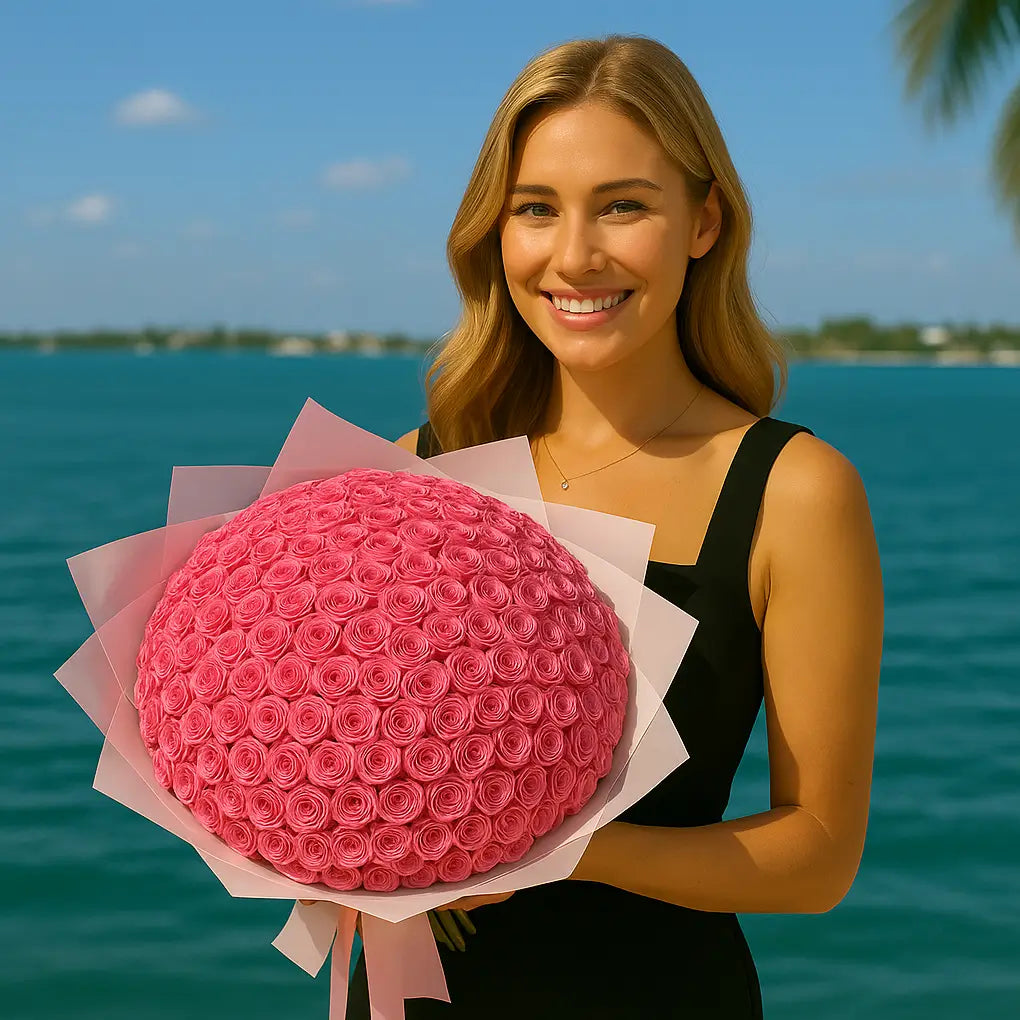 Huge pink hand-tied bouquet with 150 small roses in soft tones â luxury flower delivery in Miami