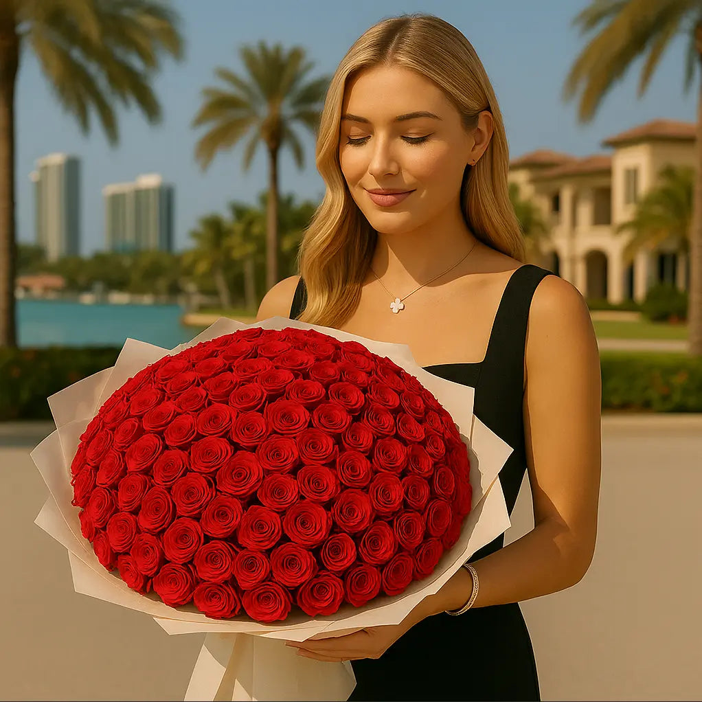Luxury bouquet with 100 small red roses in dark wrapping â passionate flower delivery Miami