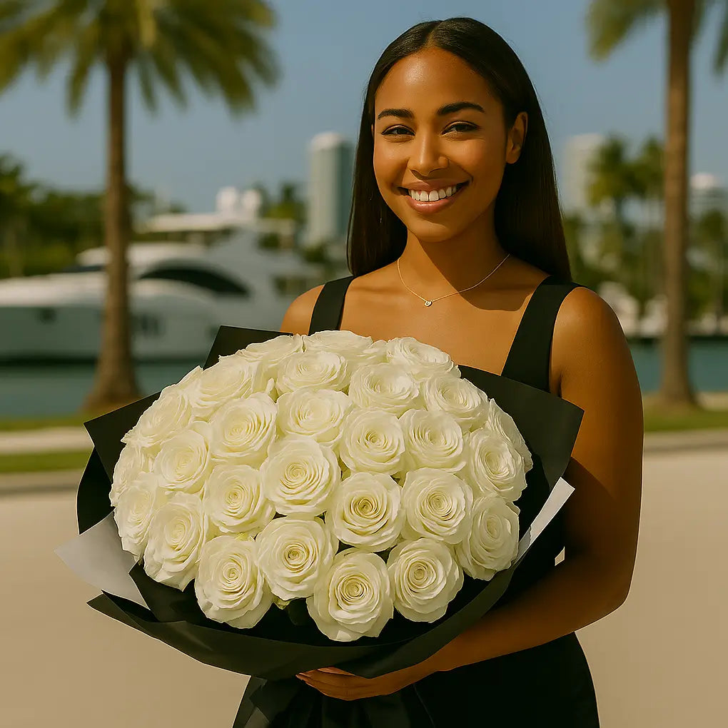 Hand-tied bouquet of 50 white roses â minimalist elegance for flower delivery in Miami