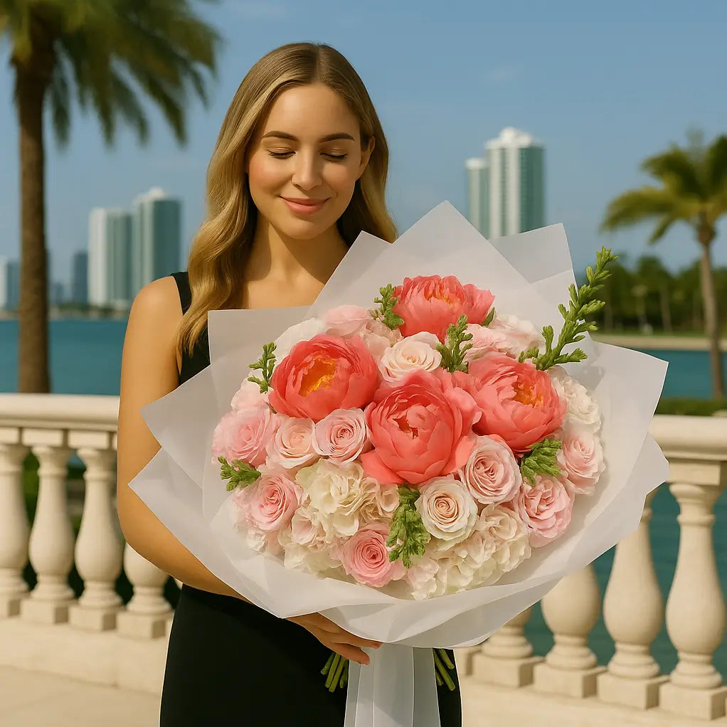 Romantic hand-tied bouquet with soft pink peonies â perfect gift for unforgettable moments