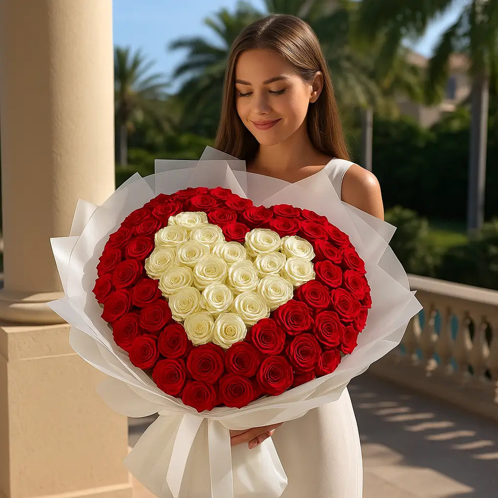 Elegant hand-tied bouquet with white rose heart and red outer petals — exclusive Miami luxury floral gift