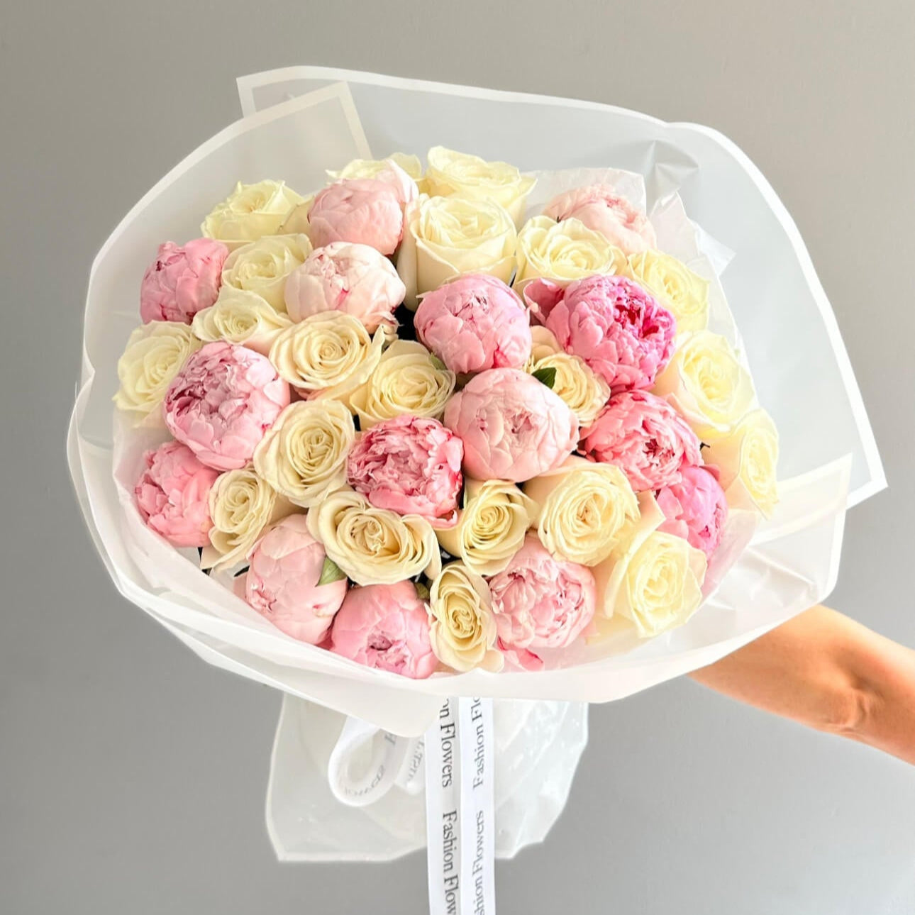 Pink peonies and white roses bouquet in Miami — luxury flower delivery same day