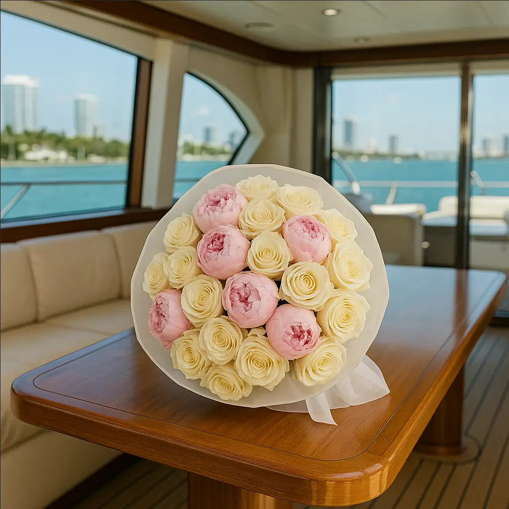 Pink peonies and white roses bouquet on yacht table in Miami — luxury flower delivery same day