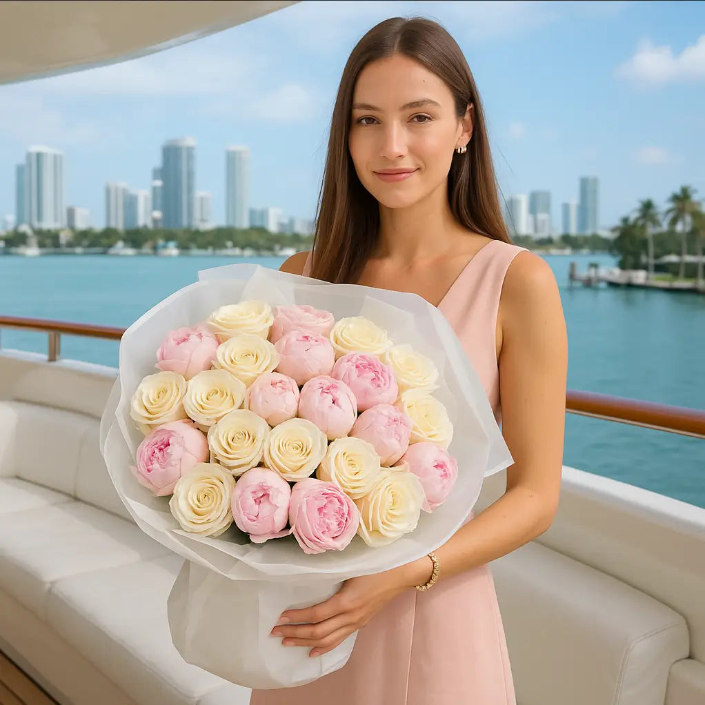 Luxury bouquet of pink peonies and cream roses on a yacht — same-day flower delivery Miami