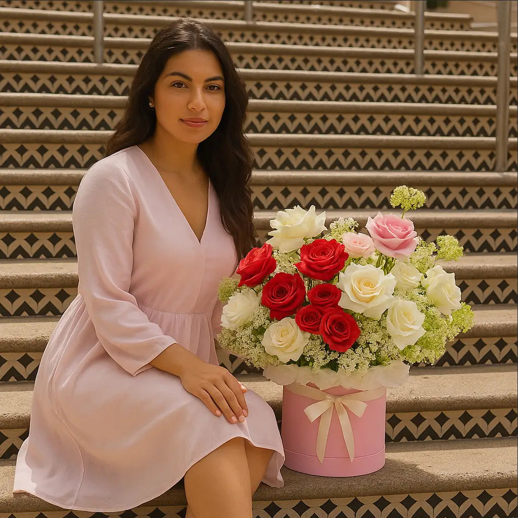 Inspired by Provence flower box with red, pink and white roses â luxury floral gift on Mediterranean steps