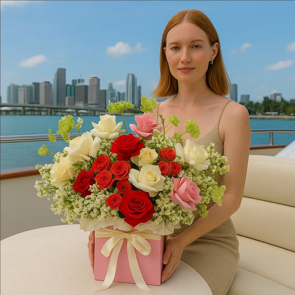 Inspired by Provence luxury flower box with red, pink and cream roses â same-day delivery in Miami