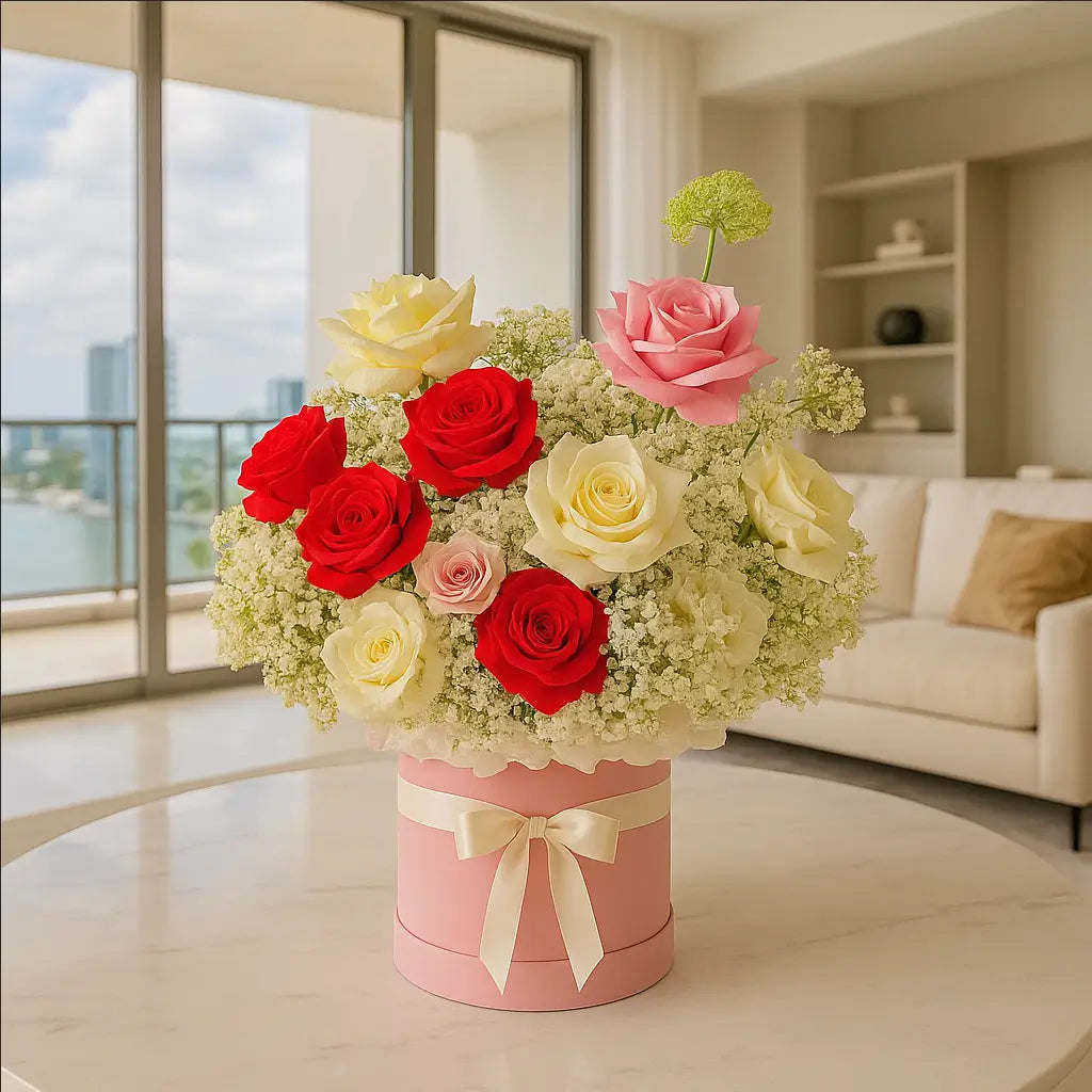 Luxury Provence flower box with roses in pastel apartment interior â Miami same-day flower delivery