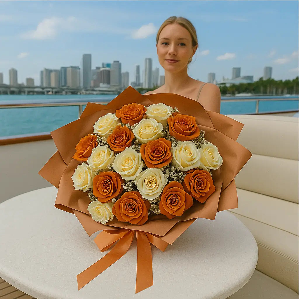 Voluminous Irish Cream bouquet with deep caramel and ivory roses — luxury yacht flower delivery Miami