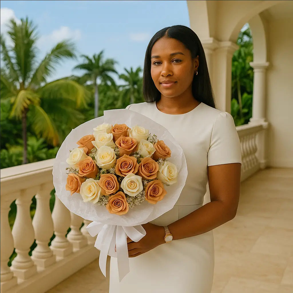 Cream and peach roses hand-tied bouquet on a villa balcony — elegant flower delivery in Miami