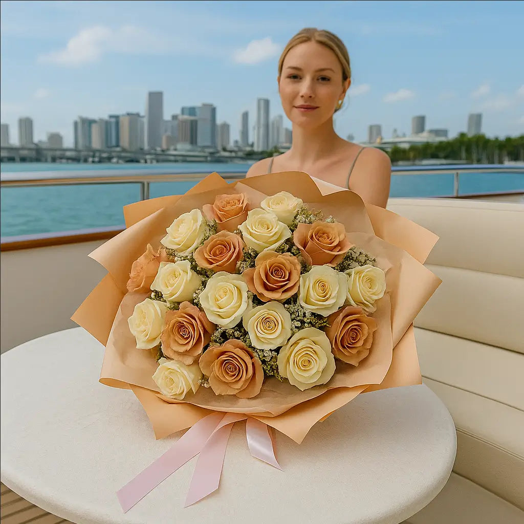 Elegant Irish Cream bouquet with cream and peach roses on yacht — luxury flower delivery in Miami