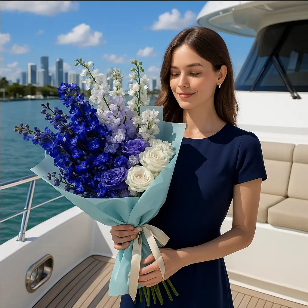 Just Blue bouquet of delphinium and roses in cool tones on a yacht — elegant flower delivery Miami