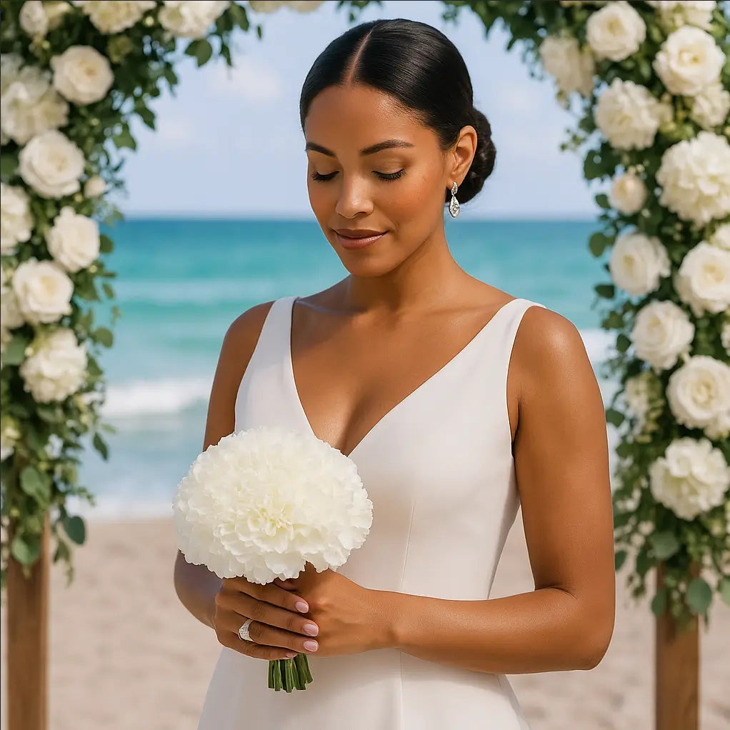 Just Carnation hand-tied bridal bouquet in white elegance with wedding arch by the ocean â flower delivery Miami
