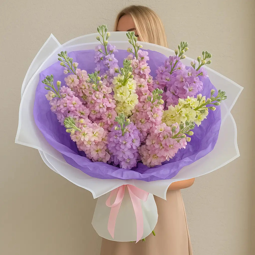 Kaleidoscope Dreams hand-tied bouquet in lavender, pink and cream — pastel luxury flower delivery Miami