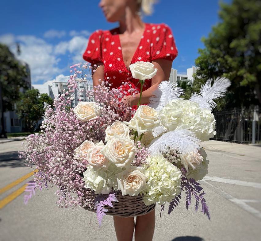 Kiss of Angel in white basket with roses, hydrangeas, gypsophila and feathers â luxury flower delivery Miami