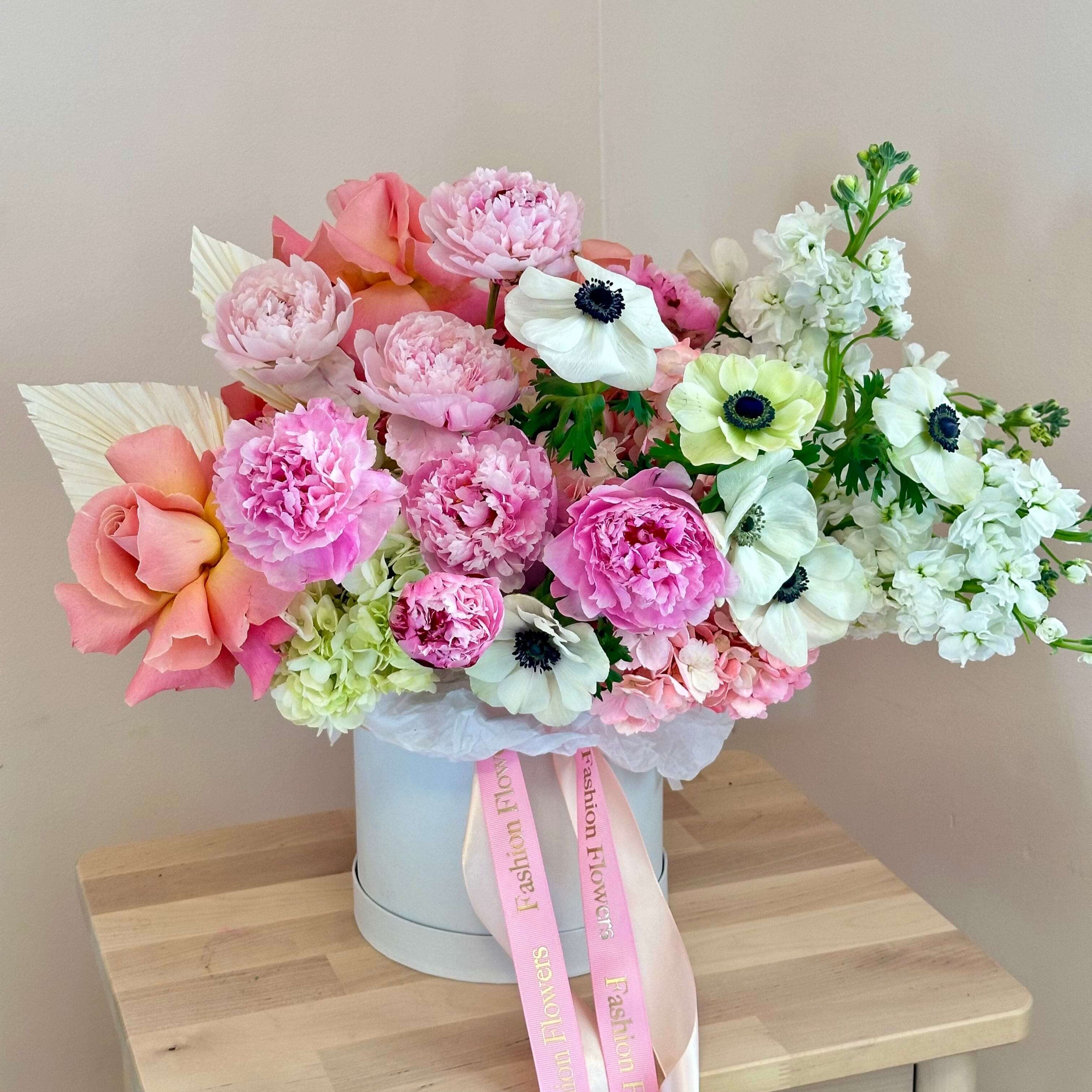 Kiss of Peonies large bouquet with pink peonies, anemones, and roses in a white box â luxury flower delivery Miami
