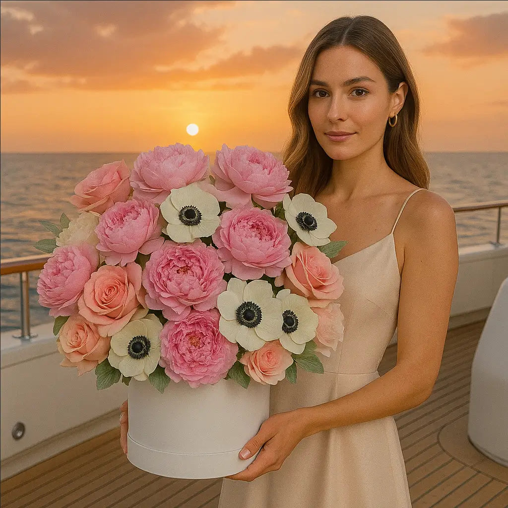 Kiss of Peonies large bouquet with pink peonies, anemones, and roses in a white box â luxury flower delivery Miami
