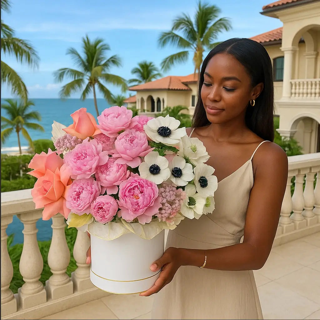 Kiss of Peonies luxury bouquet in white designer box with pink peonies and anemones â flower delivery Miami