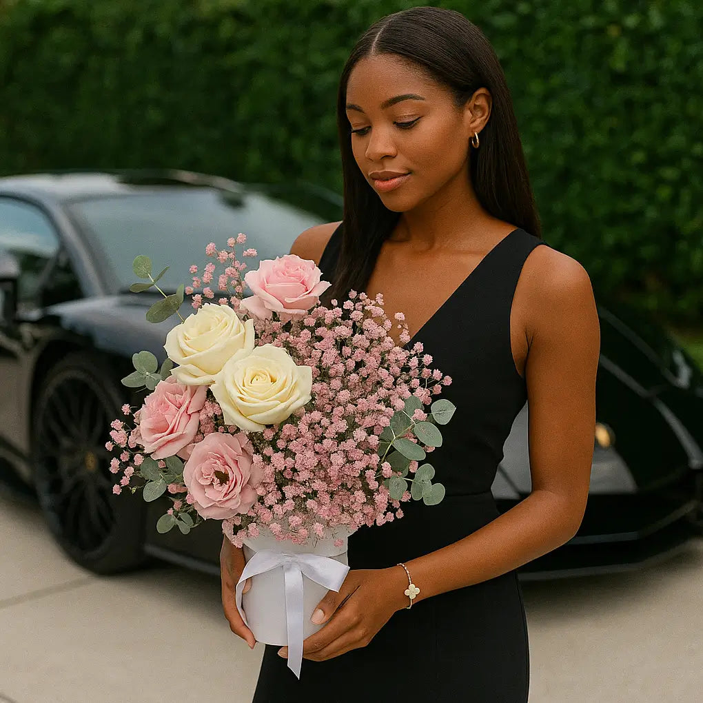 Lace Butterfly pastel bouquet with soft pink tones and gypsophila near luxury car â flower delivery Miami