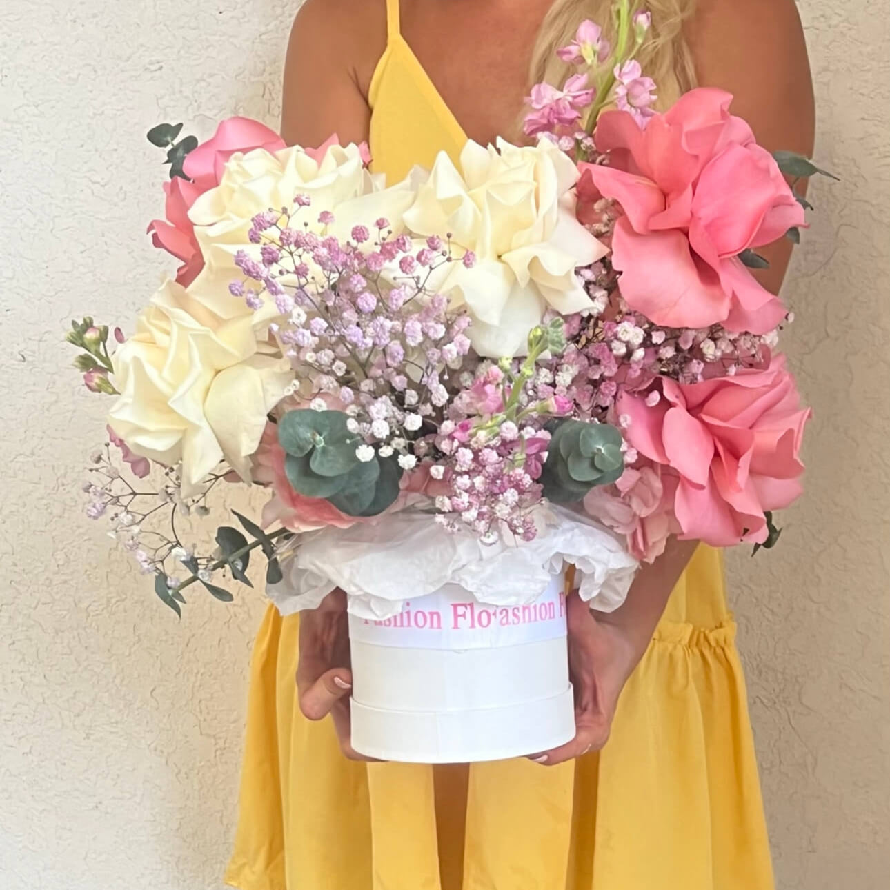 Lace Butterfly pastel bouquet with soft pink gypsophila and roses in a white box â luxury flower delivery Miami