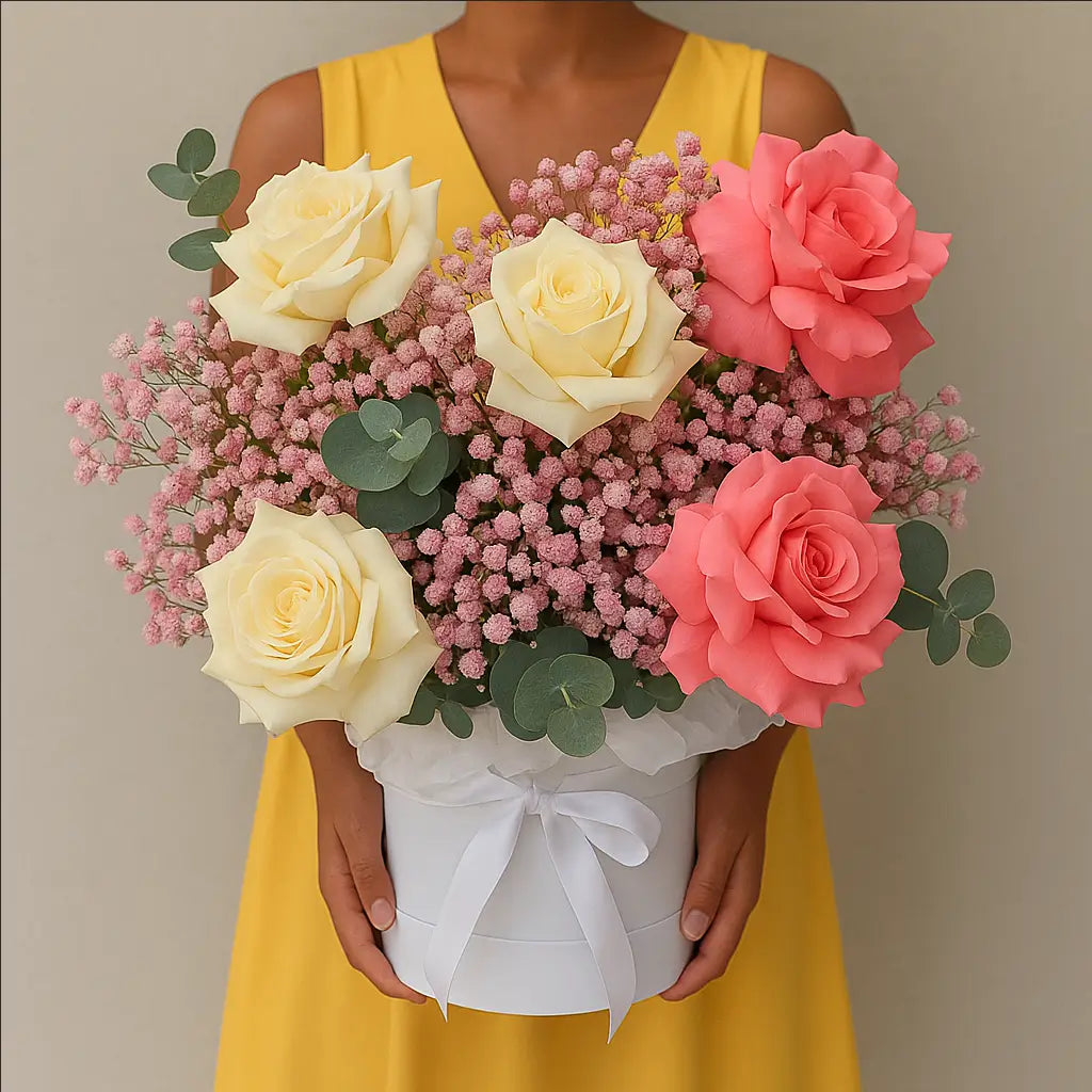 Lace Butterfly pastel bouquet with soft pink gypsophila and roses in a white box â luxury flower delivery Miami