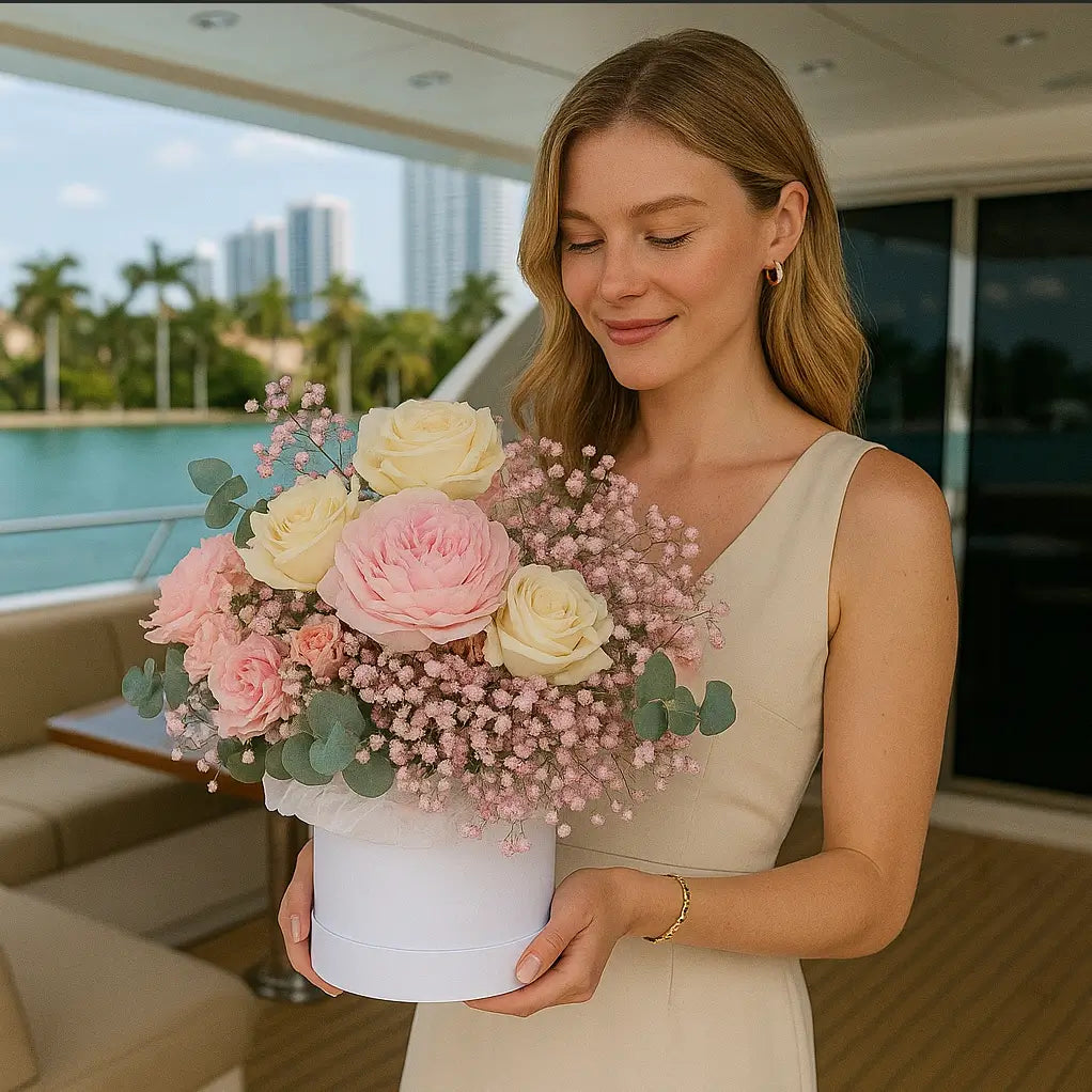 Lace Butterfly bouquet with soft pink tones and gypsophila in a designer box â luxury flower delivery Miami