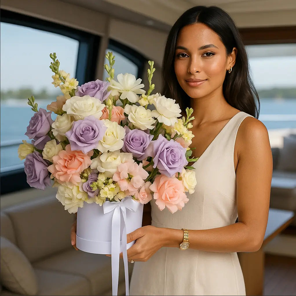 Lavender Bliss Box with pastel roses and lisianthus on a yacht â luxury flower delivery in Miami