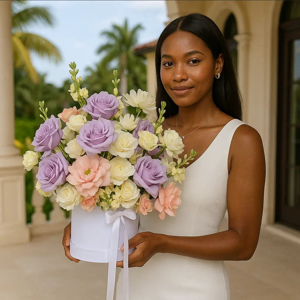 Lavender Bliss Box with pastel flowers on a Mediterranean villa balcony â same-day luxury flower delivery Miami