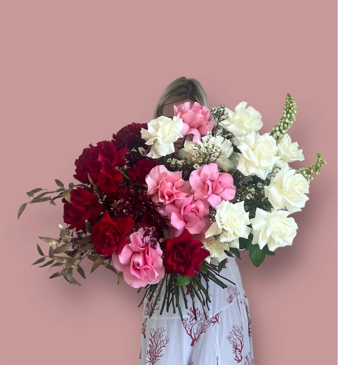 Large hand-tied bouquet “Let Me Think” with white, blush, and burgundy roses — premium designer arrangement Miami