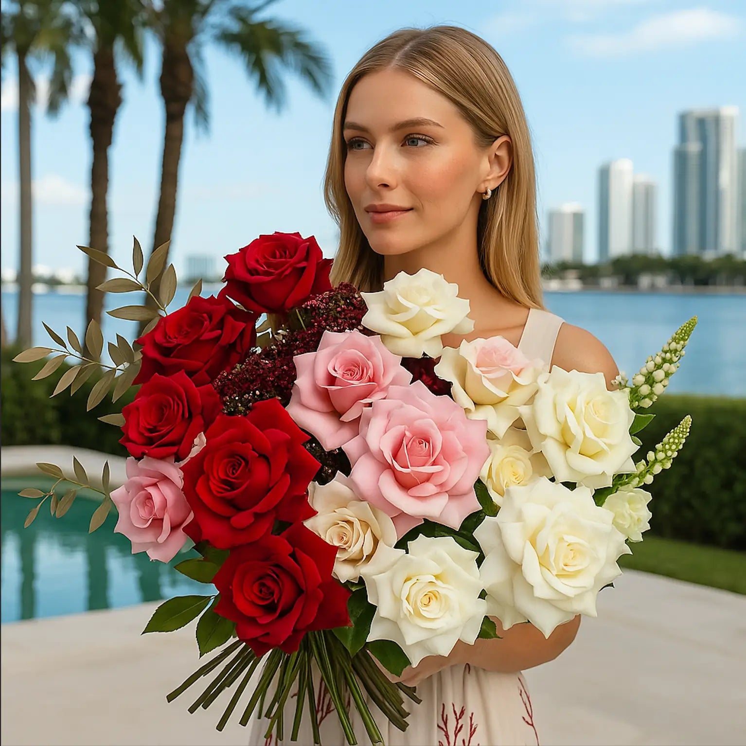 Large hand-tied bouquet “Let Me Think” with white, blush, and burgundy roses — premium designer arrangement Miami