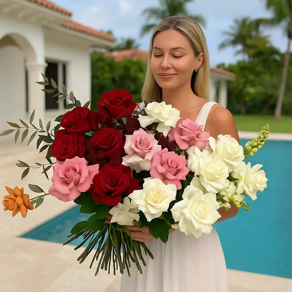 Elegant hand-tied bouquet “Let Me Think” with red, white, and pink roses — luxury flower gift in Miami