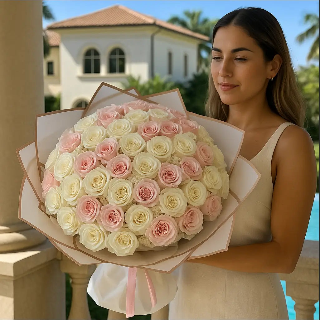 Luxury bouquet âLet Me Thinkâ with pink and red roses, model in jewelry near Bentley and yacht â Miami flower delivery