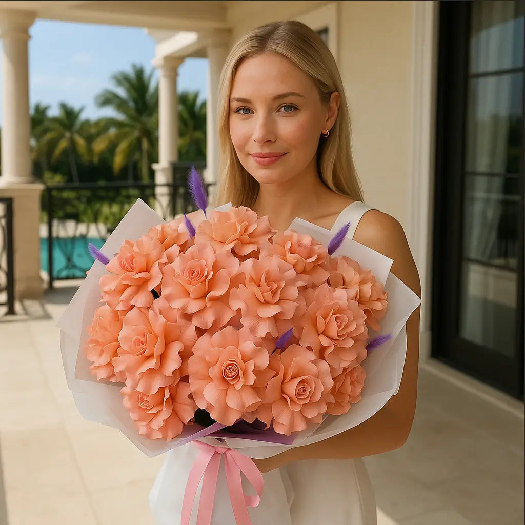 Lolita hand-tied bouquet with soft pink ruffled roses and lavender accents â luxury flower delivery Miami