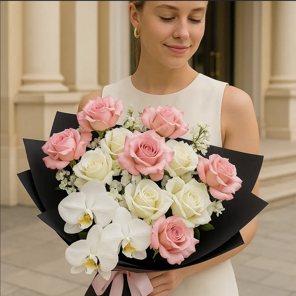 Lush Hugs bouquet with soft pink and white roses — elegant hand-tied flower delivery in Miami