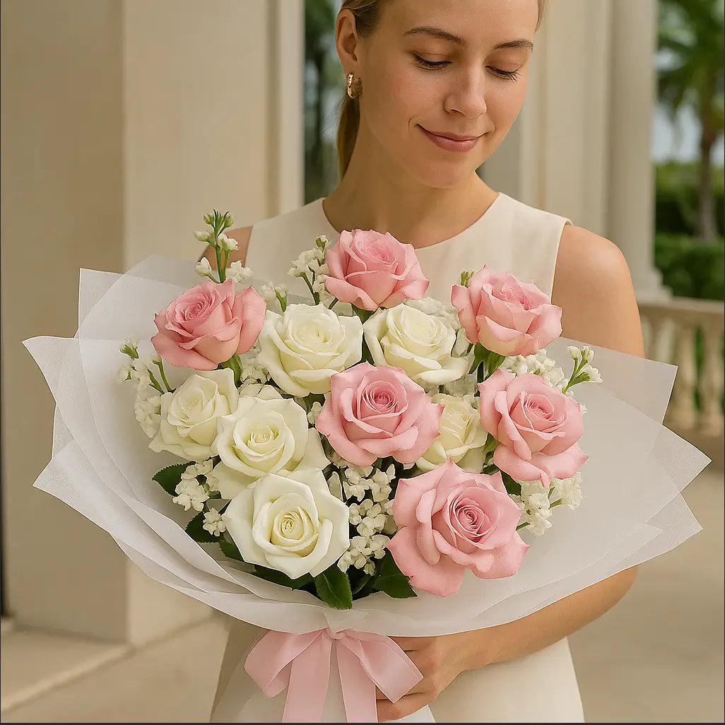 Lush hand-tied bouquet “Hugs” with creamy white and pink roses — same-day flower delivery in Miami