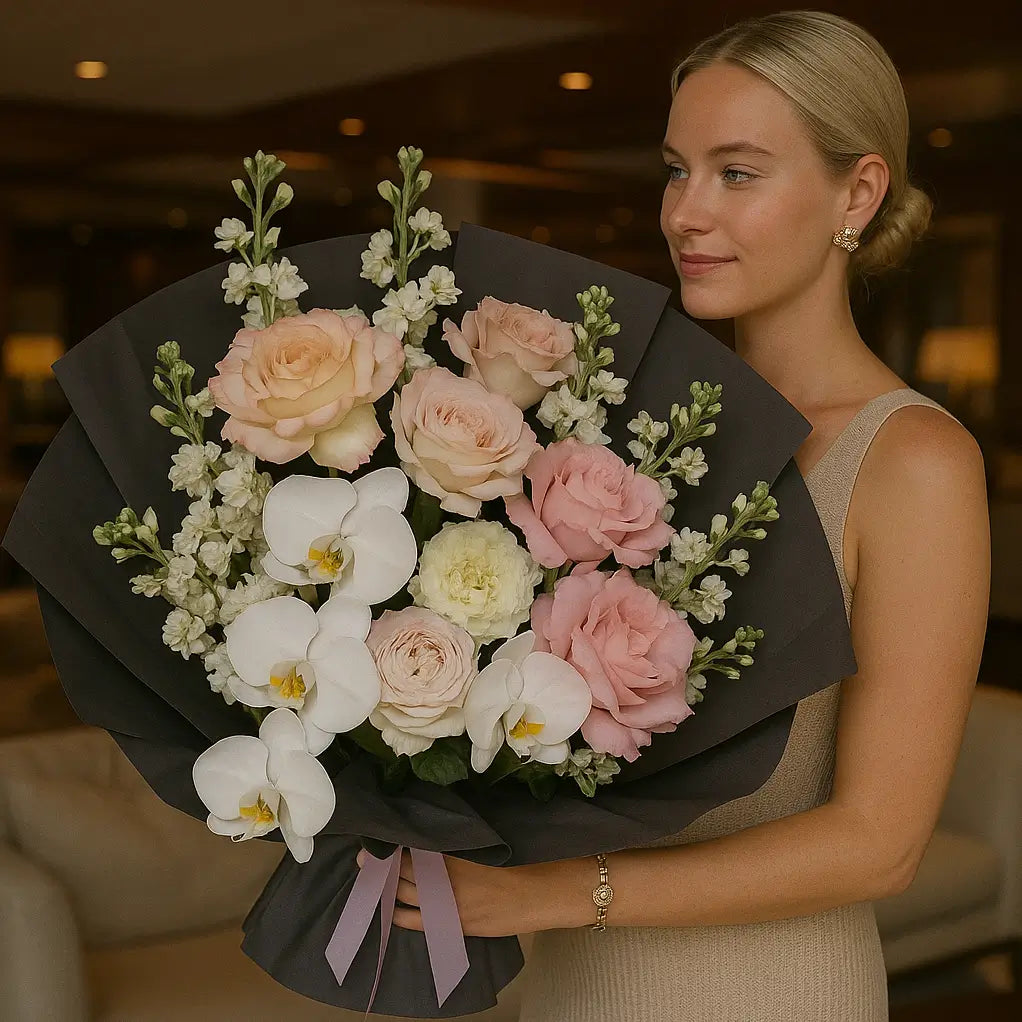 Luxurious hand-tied bouquet “Blooms Medley” with orchids and roses — elegant flower delivery in Miami