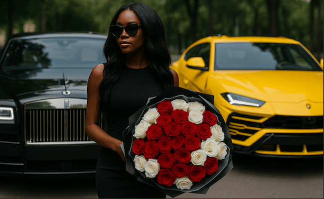 Luxury rose bouquet with black Rolls Royce and yellow Lamborghini – same day flower delivery in Miami