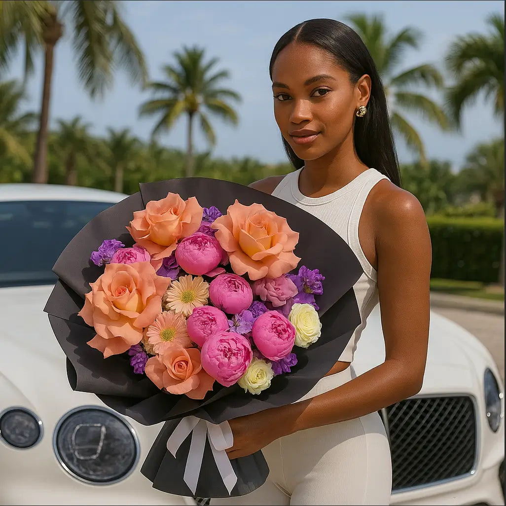 Luxury pink bouquet “Magic Waltz” with roses and peonies — hand-tied flower delivery in Miami