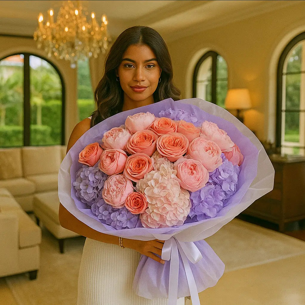 Magical Date oversized bouquet with peonies, roses and hydrangeas in pastel tones — luxury flower gift in elegant living room