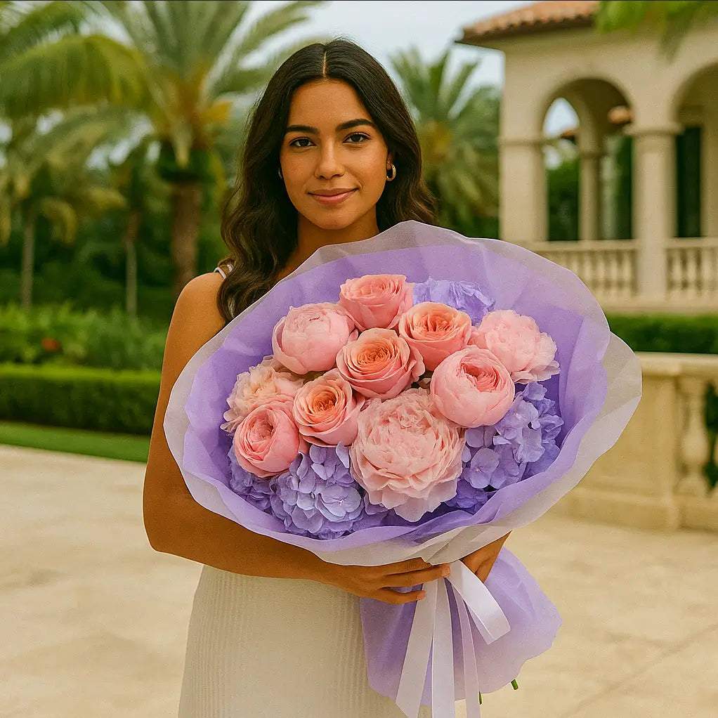 Magical Date bouquet with peonies, roses and hydrangeas in soft pink tones — luxury hand-tied arrangement for elegant gifting