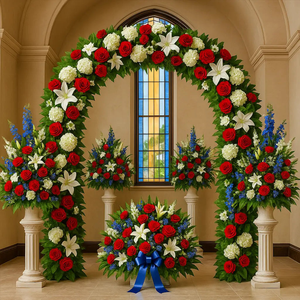 Grand Memorial Day floral arch with red roses, white lilies, and blue delphinium â designed by Miami Flower Delivery inside chapel