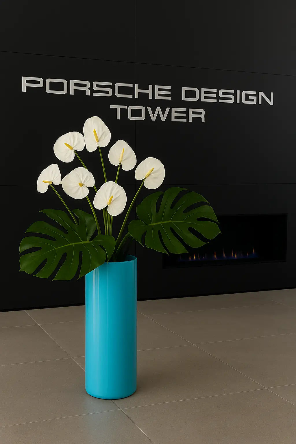 Miami Blue vase with white anthuriums and tropical leaves at Porsche Design Tower Miami