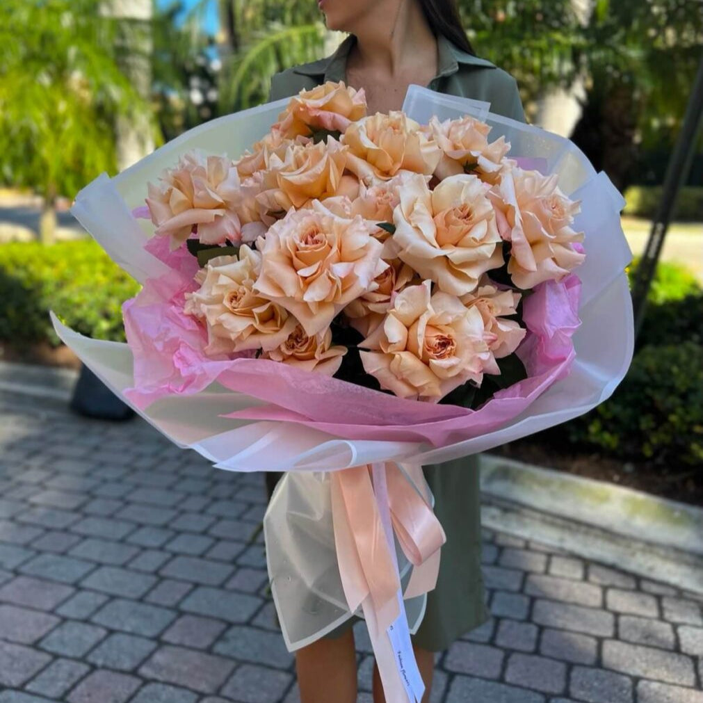 Milk Caramel hand-tied bouquet with soft peach roses â luxury flower gift for elegant occasions in Miami