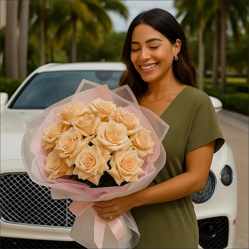 Milk Caramel bouquet with soft peach roses held by Hispanic woman in gold jewelry â luxury Bentley backdrop Miami