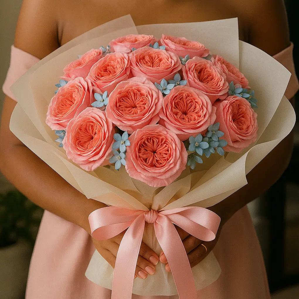 Mona Lisa bouquet of soft pink roses and blue flowers with satin ribbon wrap â luxury floral gift Miami