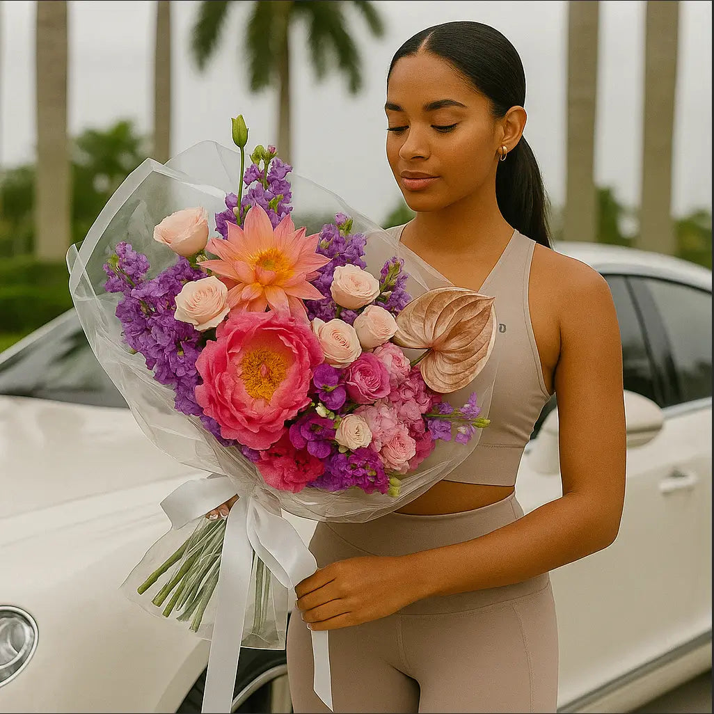 Monika bouquet in clear wrap with pink flowers held by sporty woman in Lululemon next to Porsche — luxury Miami flowers