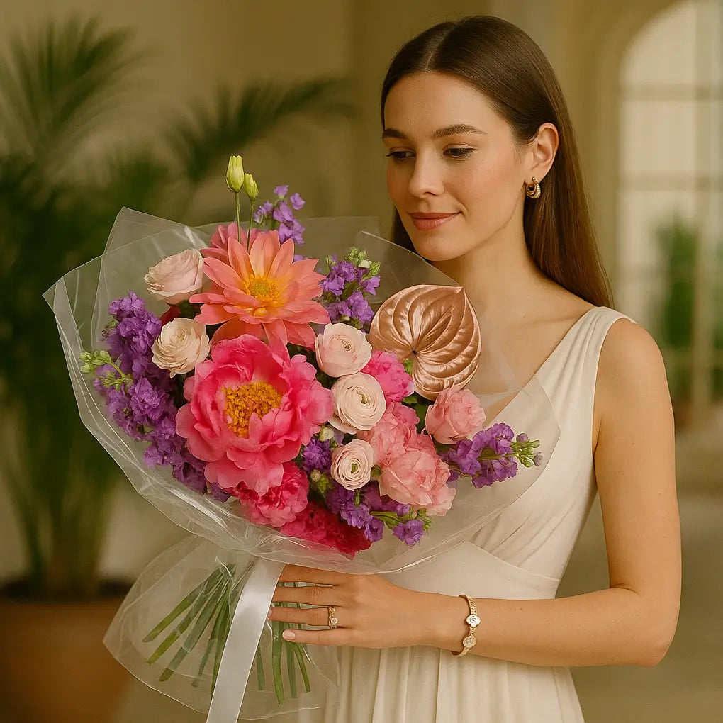 Monika bouquet of vibrant pink peonies and pastel flowers in transparent wrap held by elegant woman in villa