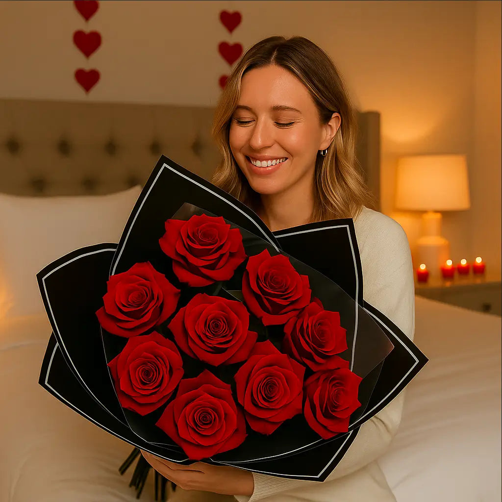 My Valentine bouquet of red roses held by blonde woman in romantic setting â perfect for Valentine's Day gifting