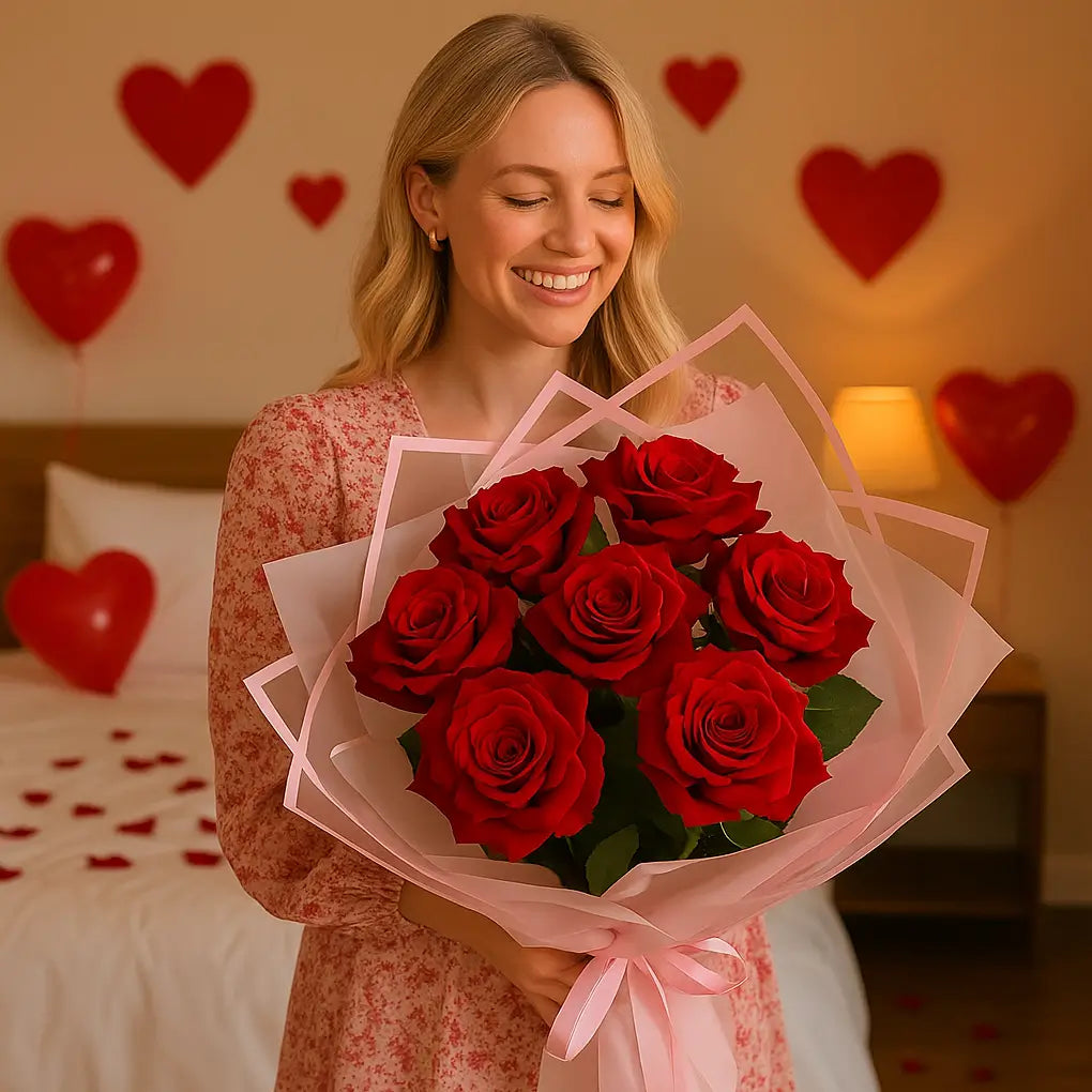 My Valentine red rose bouquet in pink wrap held by smiling woman in romantic bedroom â Valentineâs Day flower delivery