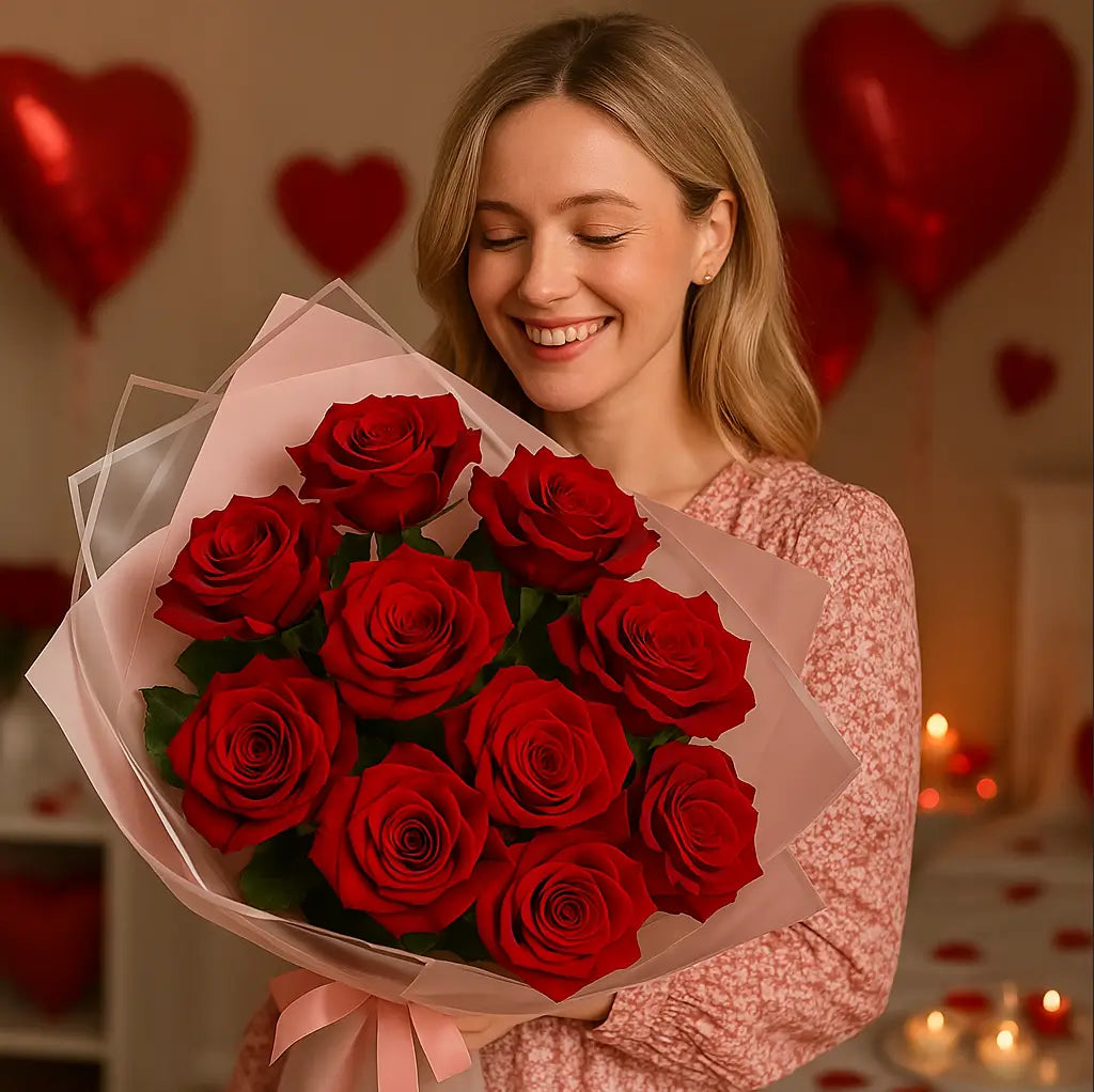 My Valentine red roses in black wrap held by happy woman in romantic bedroom setting â luxury flower gift